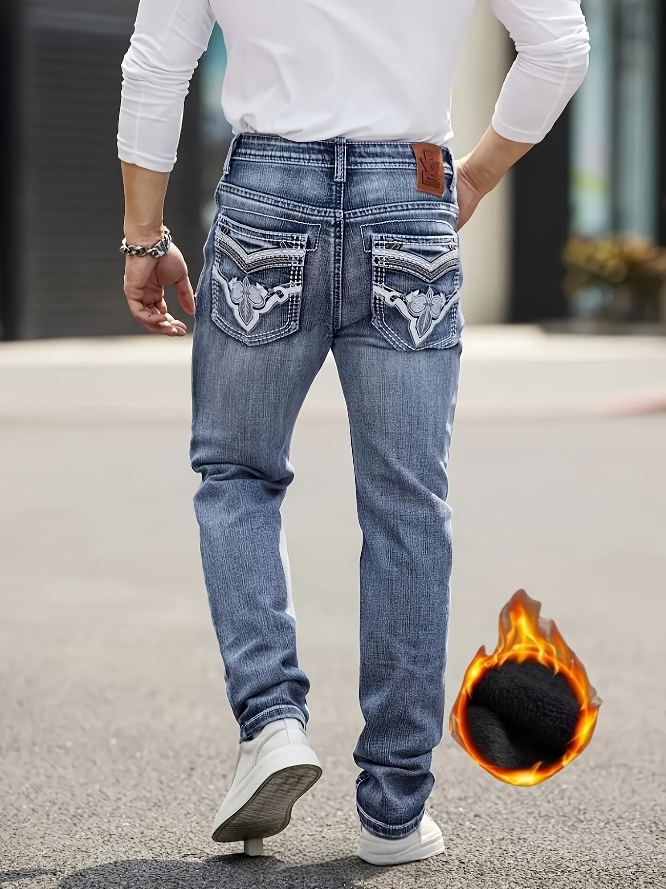 HME Men's Heavy-Duty Winter Jeans - Thickened Fleece-Lined Insulated Pants with Beltless Design & Zipper Closure, Mid-Stretch Denim Trousers for Business & Casual Attire - Machine Washable, Warm Casual Winter Pants for Cold W