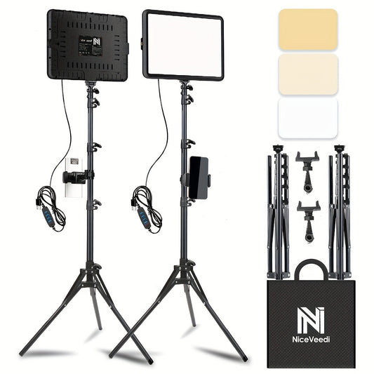 NiceVeedi 2-Pack LED Video Kit Studio Light Photography Lighting Kit With Tripod Stand&Phone Holder 2800-6500K For Video Recording, Game Streaming, YouTube Dimmable, Vlogging Light