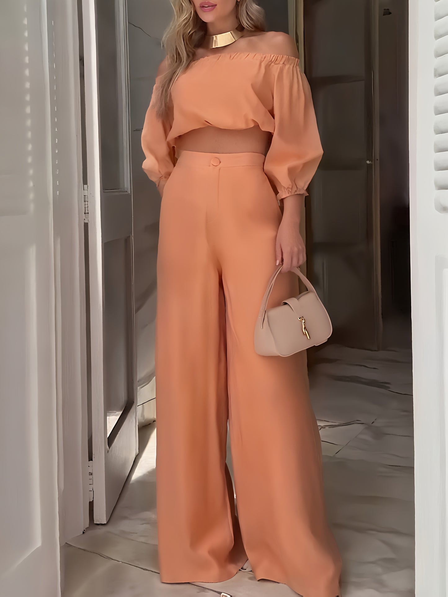 European and American Style Spring/Autumn One-Shoulder Short Top High-Waisted Wide Leg Pants Set Casual Fashion Two-Piece