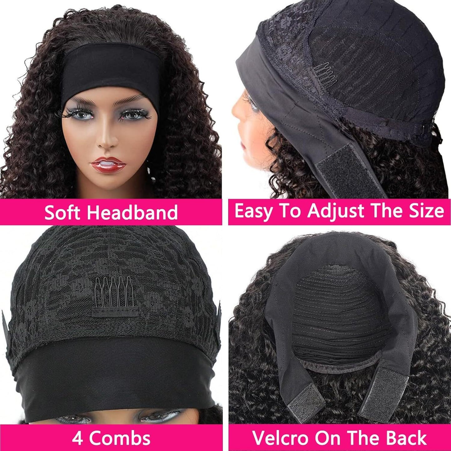 14" Jerry Curly Headband Wig - 100% Human Hair, Glueless, Natural Black, Soft & Bouncy Curls, Easy Wear & Go with Stylish Headbands, Breathable Cap, Heat Resistant, Tangle-Free for Daily Use