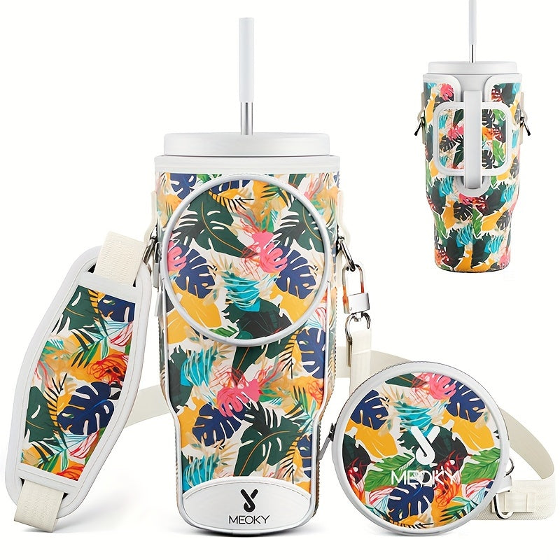 Meoky 1pc Water Bottle Carrier Bag With Phone Pocket For 40 Oz Tumbler With Handle, Neoprene Water Bottle Holder Pouch With Adjustable Strap, 2 Carabiner Clips