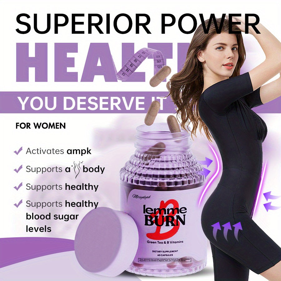 LEMME BURN Green Tea + Active B Vitamins Capsules | Support Healthy | Vitamins And Supplement | 60 Capsules Of Dietary Supplement, Women Probiotics, Local Warehouse, Faster Shipping, Shelf Life 2 Years, Sulphur-Dioxide-Free,