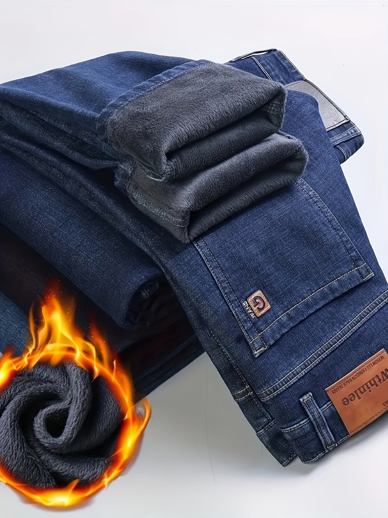 HME Men's Thermal Insulated Fleece-Like Faux Denim - Heavy-Duty Winter Pants with YKK Zipper Closure, Mid-Rise Straight-Leg Fit, Windproof & Cold-Resistant Faux Denim Trousers for Business Casual & Casual Attire, Classic Blue