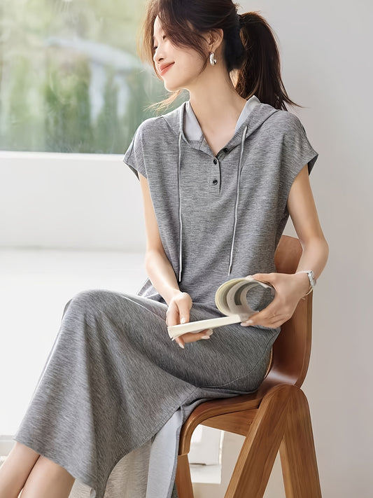Women's Casual Hooded Drawstring Dress - Loose Fit, Short Sleeve, Heather Gray, Pencil Skirt Style, Spring/Summer/Fall Wear, Spring Summer Dress | Buttonless Dress | Drawstring Detail