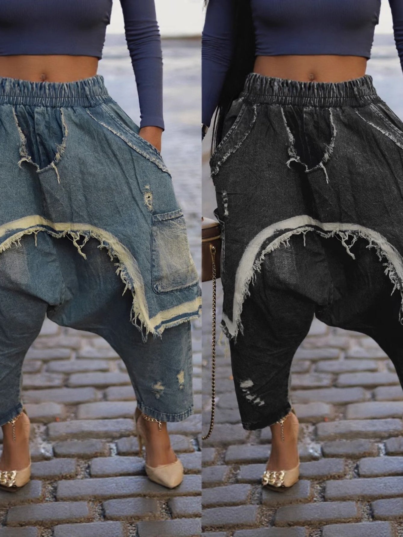 [Trendy Distressed Harem Pants] Trendy Distressed Women's Loose Harem Pants | Fashion Brushed Hole Jeans - Personality Clothing