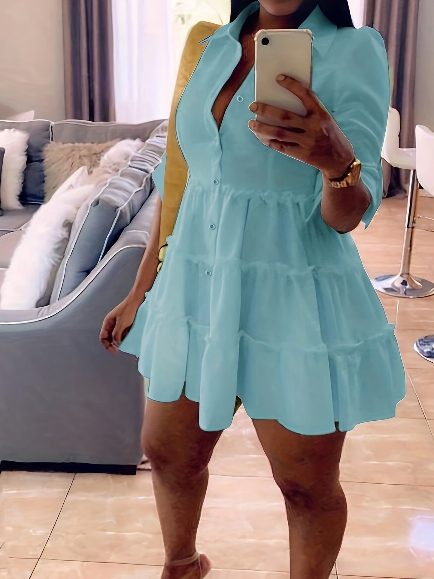 Single Elegant Half Sleeve Ruffle Trim Solid Color Shirt Dress for Spring & Summer, Women's Clothing