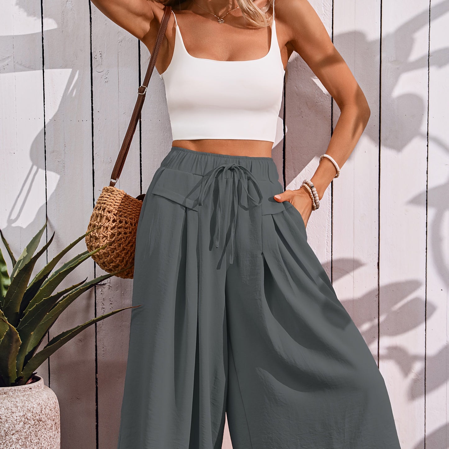 [Flowy Cropped Pants] High Elastic Wide Leg Womens Casual Flowy Cropped Pants | Drawstring Culottes