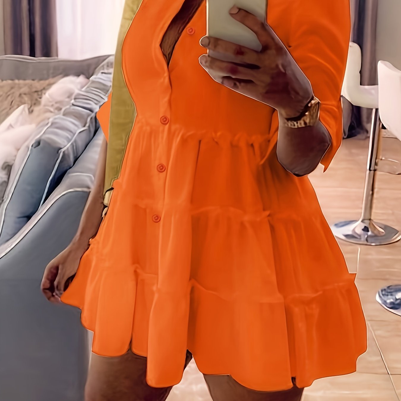 Single Elegant Half Sleeve Ruffle Trim Solid Color Shirt Dress for Spring & Summer, Women's Clothing