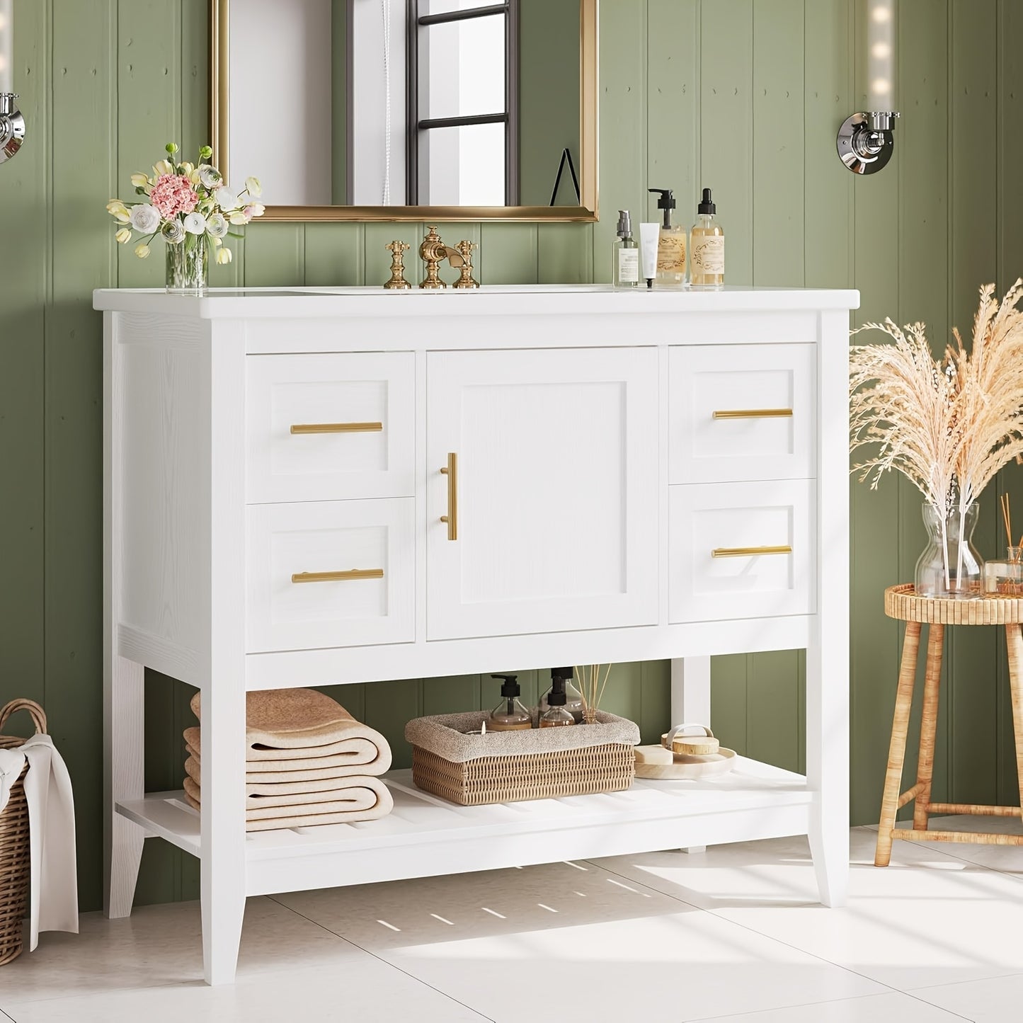 IRONCK 36" Modern Undermount Bathroom Vanity with Sink - White Wooden Cabinet with 4 Drawers, Open Shelf, Charging Station & Door Shelves, Rustic Style for Contemporary Bathrooms, Bathroom Vanity Cabinet, Bathroom Storage, Mi