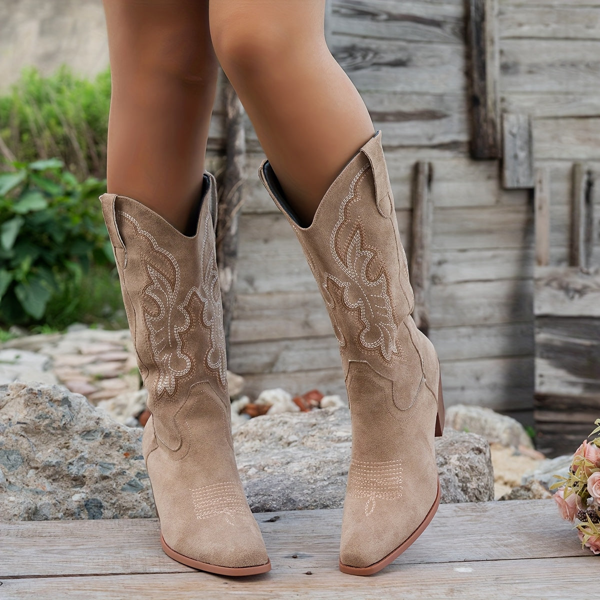 Women's Western Boots - Slip-On Chunky Heel Cowboy Boots, Beige/, Non-Slip TPU Sole for Western, Formal, Everyday - Easy-Clean Women's Footwear, Casual Wear, Square Toe Design, Soft Fabric Lining, Fashionconscious Women