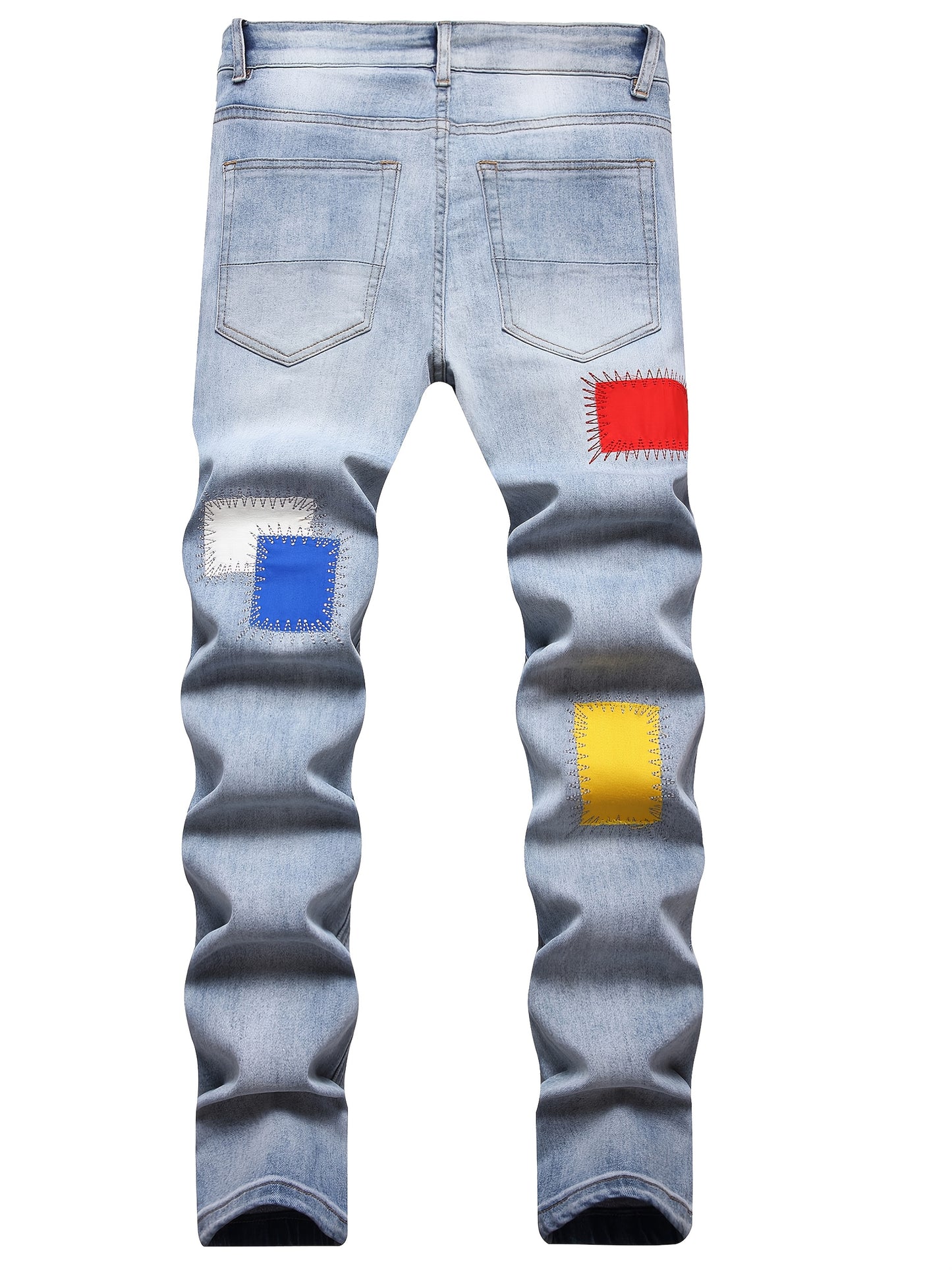 Men's Slim Fit Fashion Small Foot Embroidered Jeans Colorful Tape Stretch Washed Blue Trousers