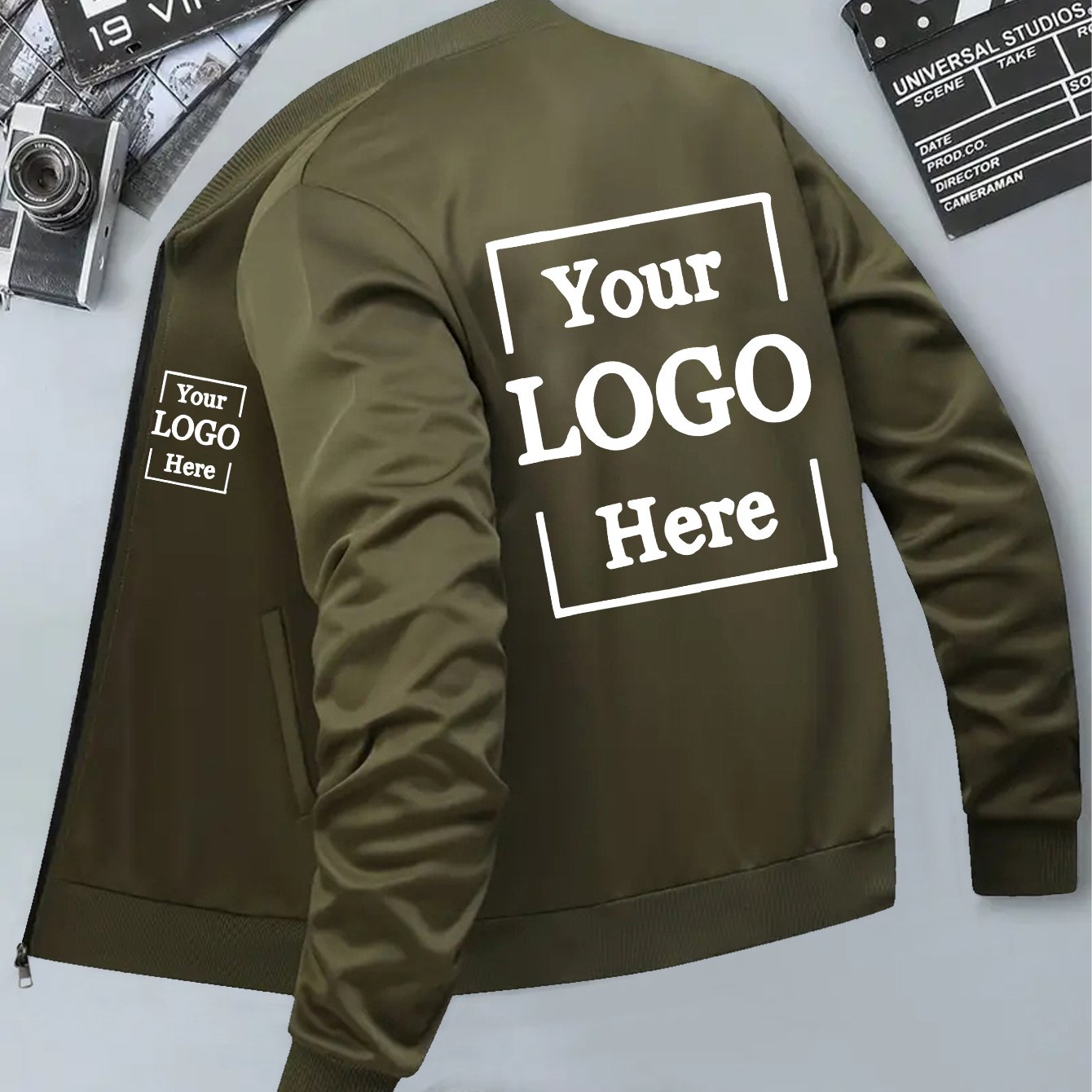 Men's Customizable Zip-Up Pilot Jacket - Personalized Logo/Text, Black with White Print, Knit Polyester Coat, Baseball Collar & Side Pockets - Winter Streetwear for Formal/Casual Events - Branding Jacket, Casual Outerwear, St