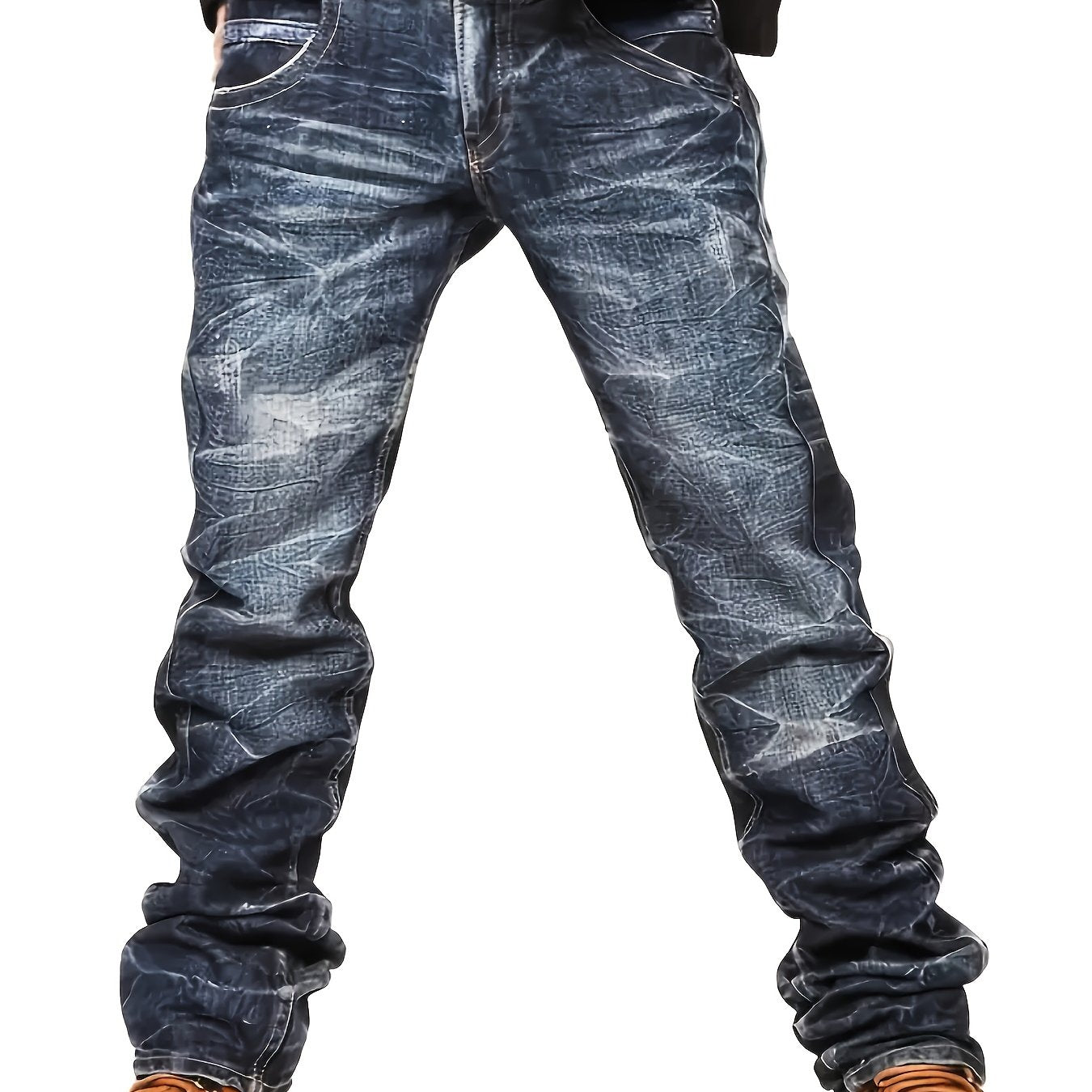 Men'S Vintage Washed Blue Faux Denim - Loose Fit Streetwear Pants with Raw Edge Details, All-Season Non-Fading Faux Denim for Casual Outfits & Casual Attire, Urban Fashion, Distressed Look, Sturdy Construction, Fashion Bottom