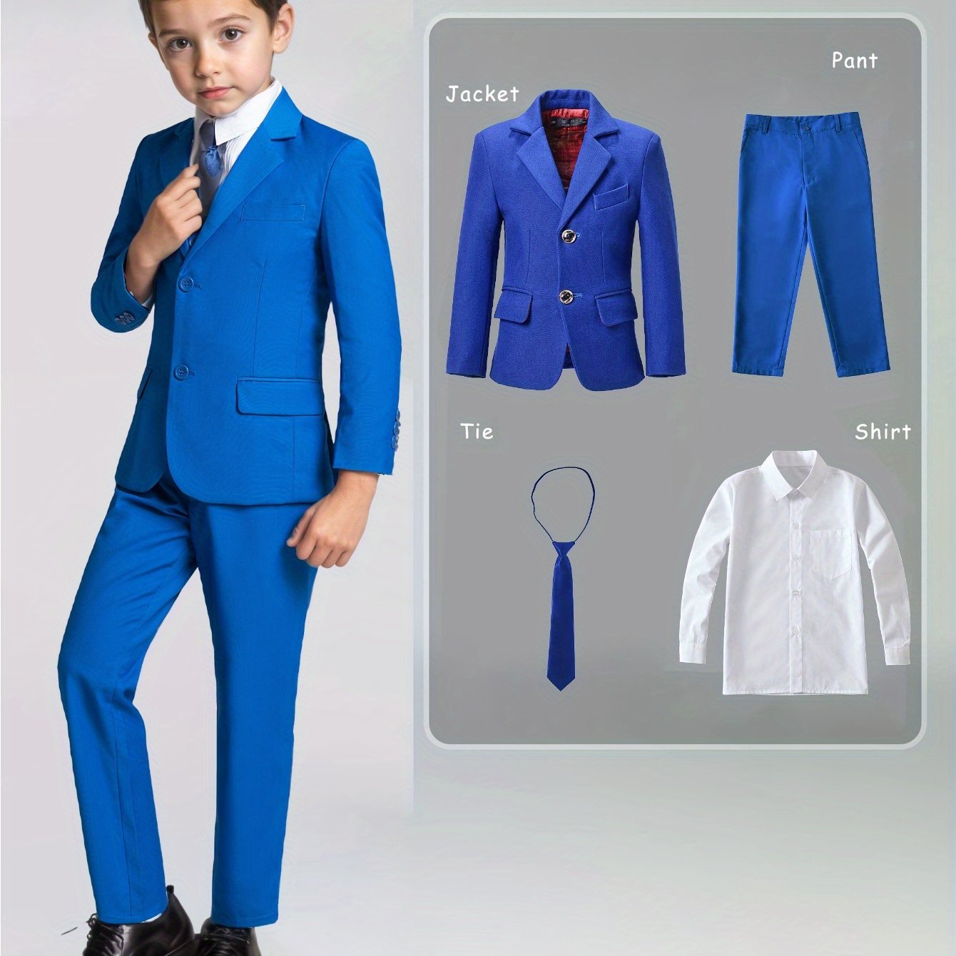 Boys' 4pcs Serge Suit Set: Jacket + White Ruffled Shirt + Pants + White Tie, White/ Black/ Royal Blue, Sizes 2-16, Ideal for Weddings/ Flower Boy/ Back to School, Perfect for Outdoor, Perfect for Thanksgiving, Perfect for Chr