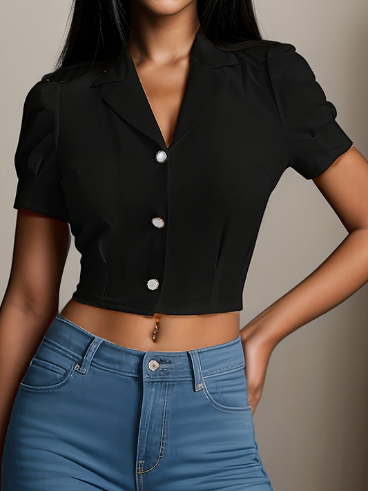 Women's Fashionable Elegant Short-Sleeve Button- Collared Solid Color Shirt