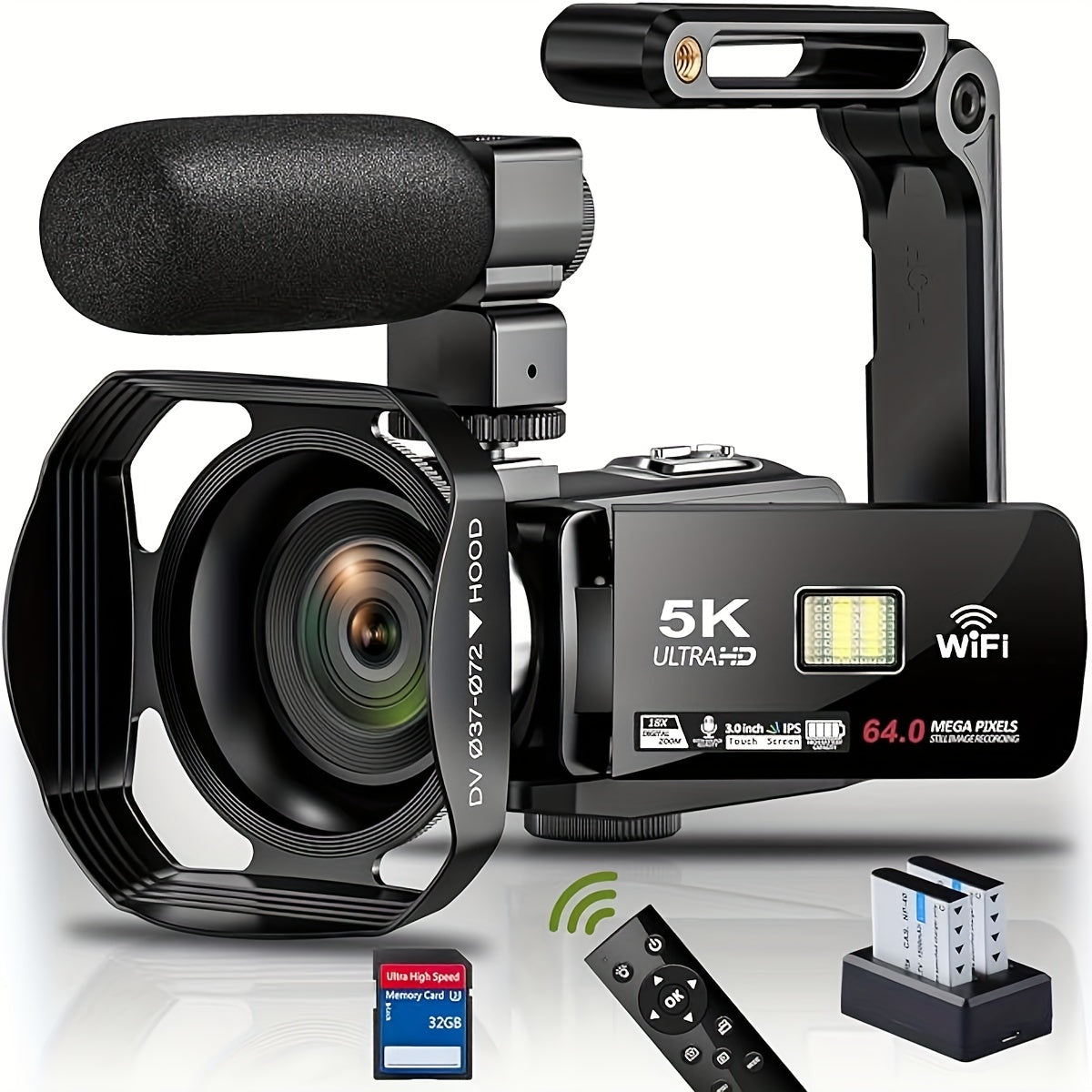 [5K Video Camera, WiFi Camcorder] 64MP 18X Zoom WiFi Digital Camera - 5K Video Camcorder with IR Night Vision, 3.0'' Touch Screen, YouTube Recorder, 32GB SD Card, Microphone, 2.4G Remote Control