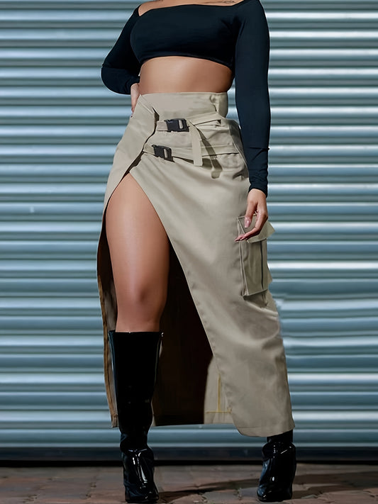 Women'S Casual High-Waisted, Asymmetrical Long Skirt with Belt - Beige, Casual Style, Solid Color, Spring/Summer/Fall, Casual Attire|Asymmetrical Hemline|Belted Waistline