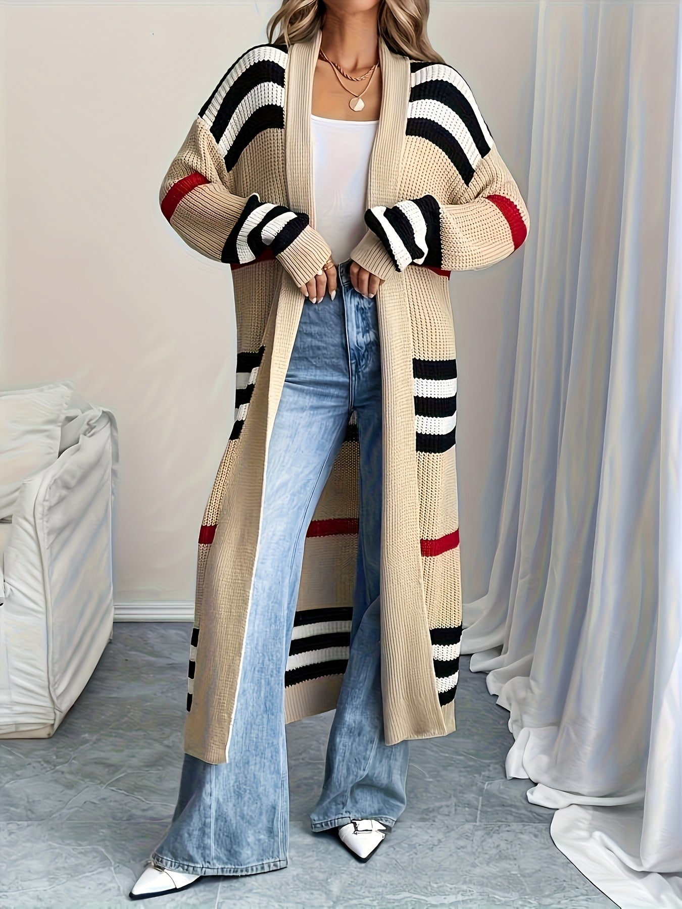 European and American Long Striped Sweater Loose Color-Block Versatile Cardigan Coat