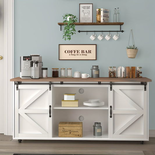 58-inch Coffee Bar Cabinet with Adjustable Shelves, Freestanding Buffet with Storage Function, Rustic Style Coffee Bar Countertop with Sliding Barn Door, Country Farmhouse Coffee Bar Workbench for Kitchen and Living Room, Whi