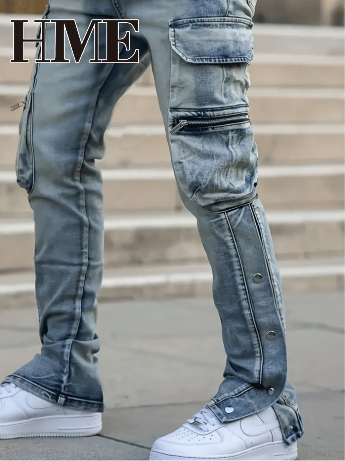 HME Men'S Skinny Faux Denim - Stretch Skinny Fit Mid-Rise Pants with Zipper Closure, Multi-Pocket Design (Including Slit Buttons), Light Washed Look for Everyday & Formal Outfits - Urban Streetwear Faux Denim for Teens & Adul