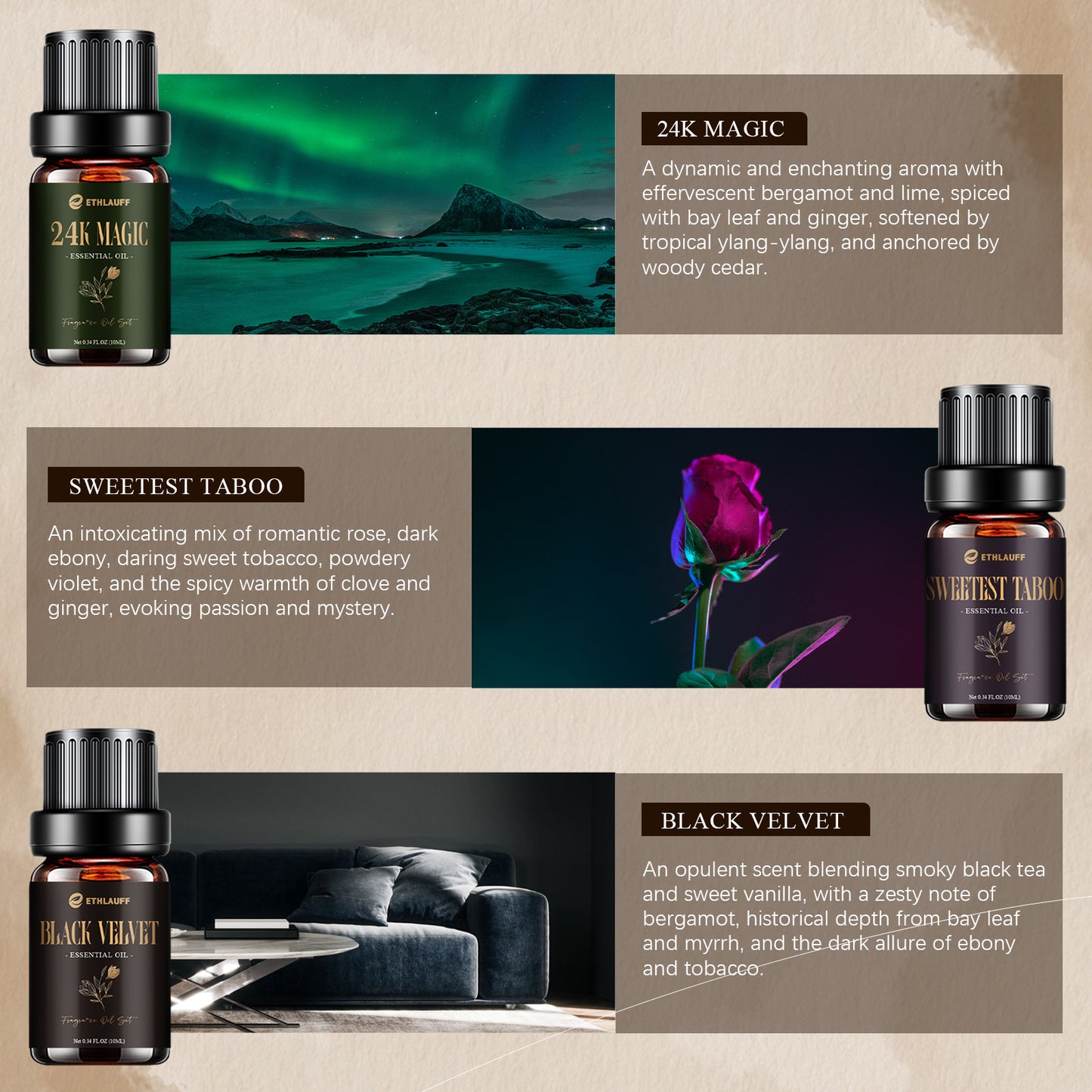 Hotel Essential Oils Set, Hotel Scents Fragrance Oil, Luxury Essential Oils for Diffuseret 6x10ML, My Way, Dream On, Cabana, 24k Magic, Black Velvet, Sweetest Taboo,Fall Gift