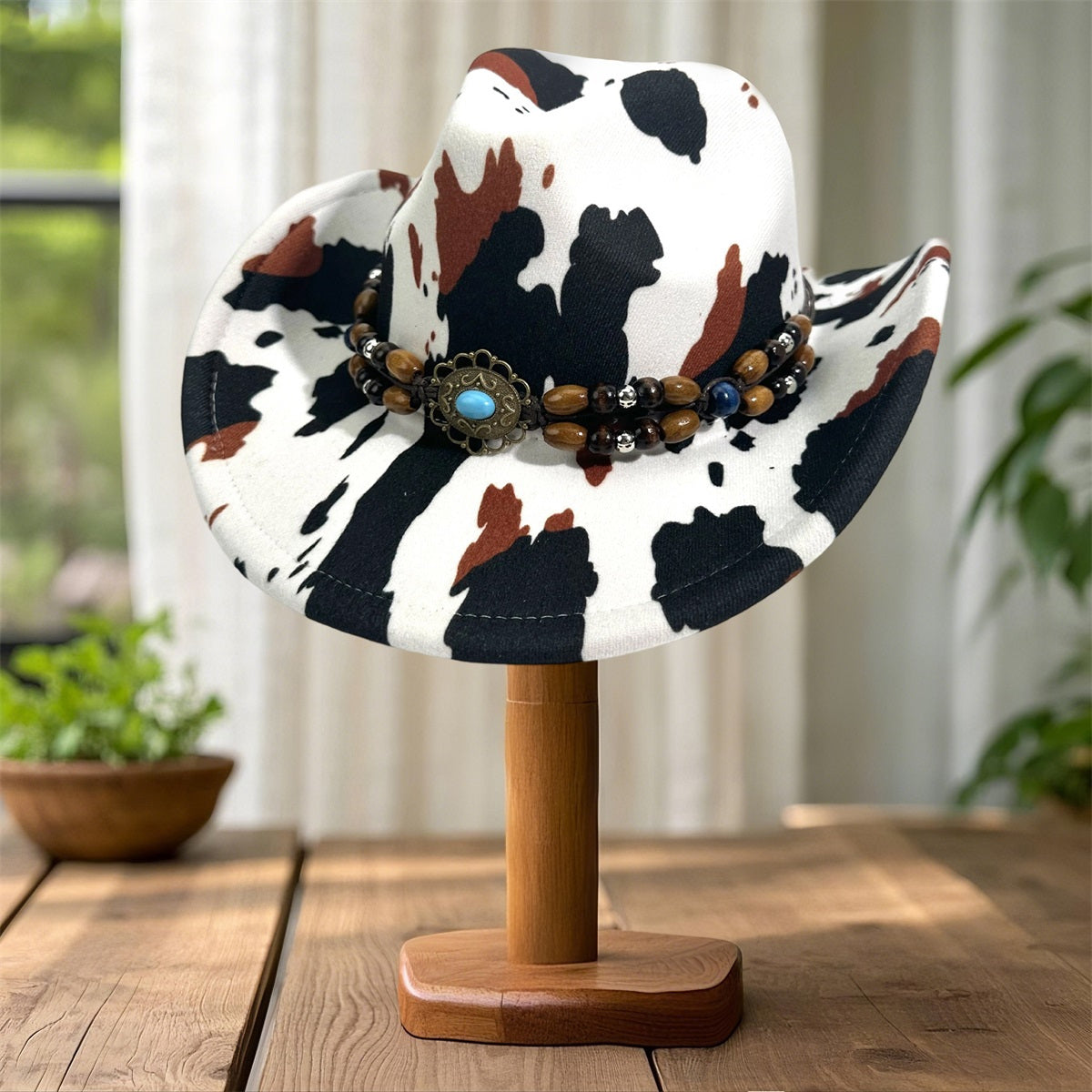 Cow Print Cowgirl Hat for Women & Men - Wide Brim Beaded Belt Western Cap with Black & White Cow Pattern, Brown & White Accents, Perfect for Parties, Beach, and Outdoor Events, Cowboy Hat, Party Accessory, Stylish Headwear