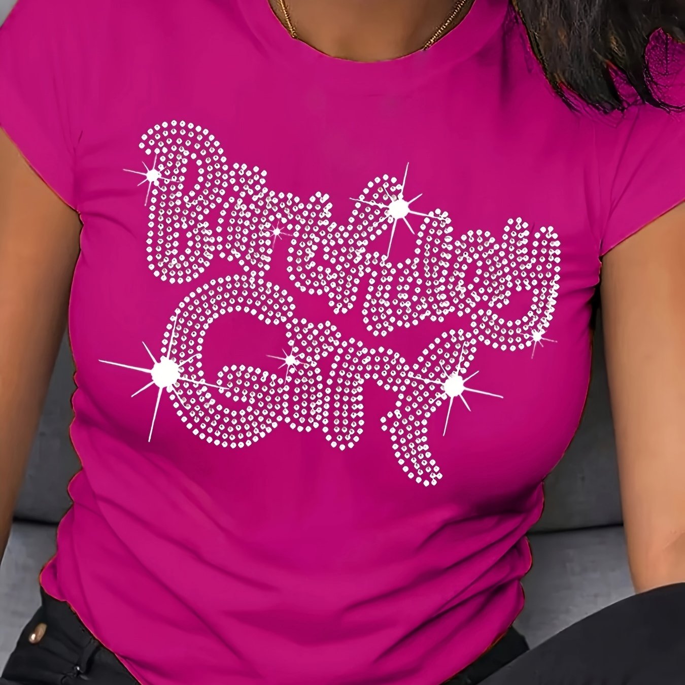 Celebratory Shine] Women's Sparkling Rhinestone "Birthday Girl" Graphic T-Shirt - Soft Polyester Knit, Crew Neck, Short Sleeve, Glittery Letter Print, All-Season Casual Wear, Festive Attire | Casual Crew Neck | Comfortable Fi