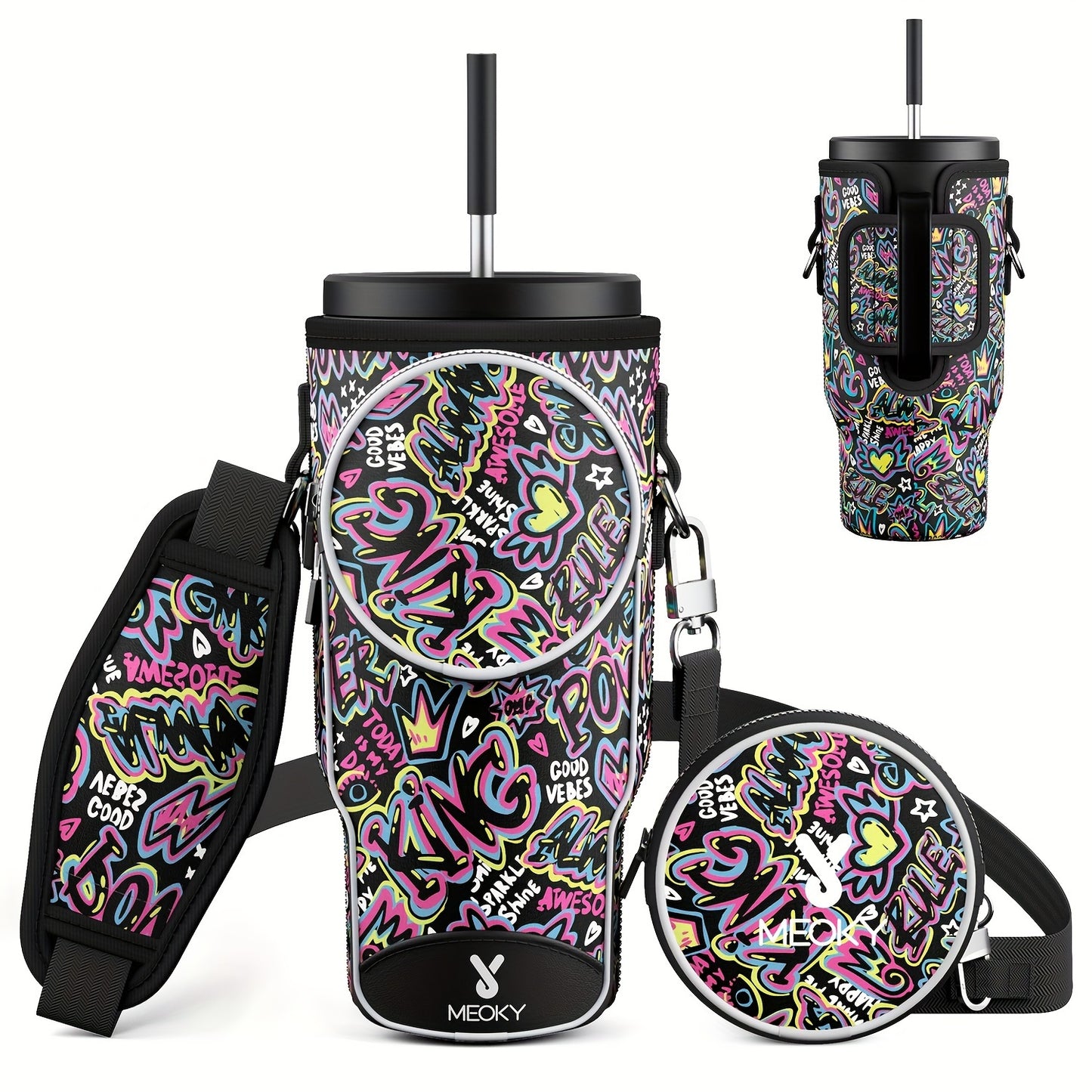 Meoky 1pc Water Bottle Carrier Bag With Phone Pocket For 40 Oz Tumbler With Handle, Neoprene Water Bottle Holder Pouch With Adjustable Strap, 2 Carabiner Clips