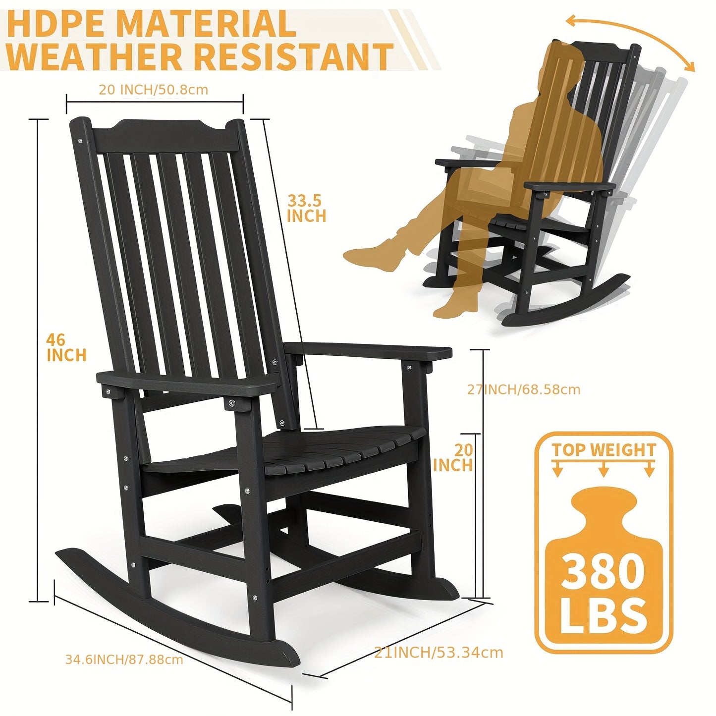 Patio Rocking Chair Set of 2 or Set of 4, Oversized Rocker Chair for Adult, All Weather Rocking Chair Outdoor, High Back Porch Rocker, Rocking Chairs for Garden, Backyard