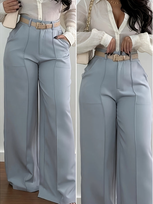 Women'S Elegant Light Blue Straight Leg Pants - All-Season, Solid Color, Pocketed, No Belt Needed, Stylish Workwear, Professional Attire|Straight Leg Pants|Pocketed Pants