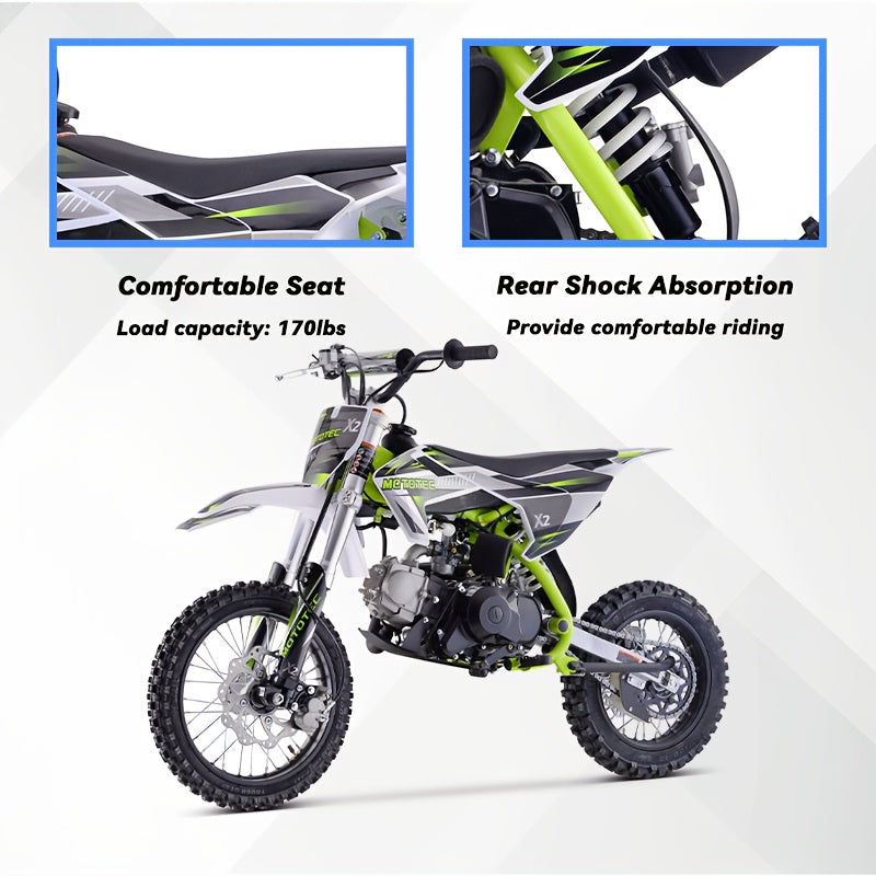Gas Dirt Bike | 110cc 4-Stroke Engine | 6.7 HP, 8000 RPM | Carbon Steel Frame | Electric Start | SAE 10W | 74.39oz Fuel Tank | Durable Design for Off-Road Adventures, Offroad Biking | Dynamic Graphics | Rugged Tires