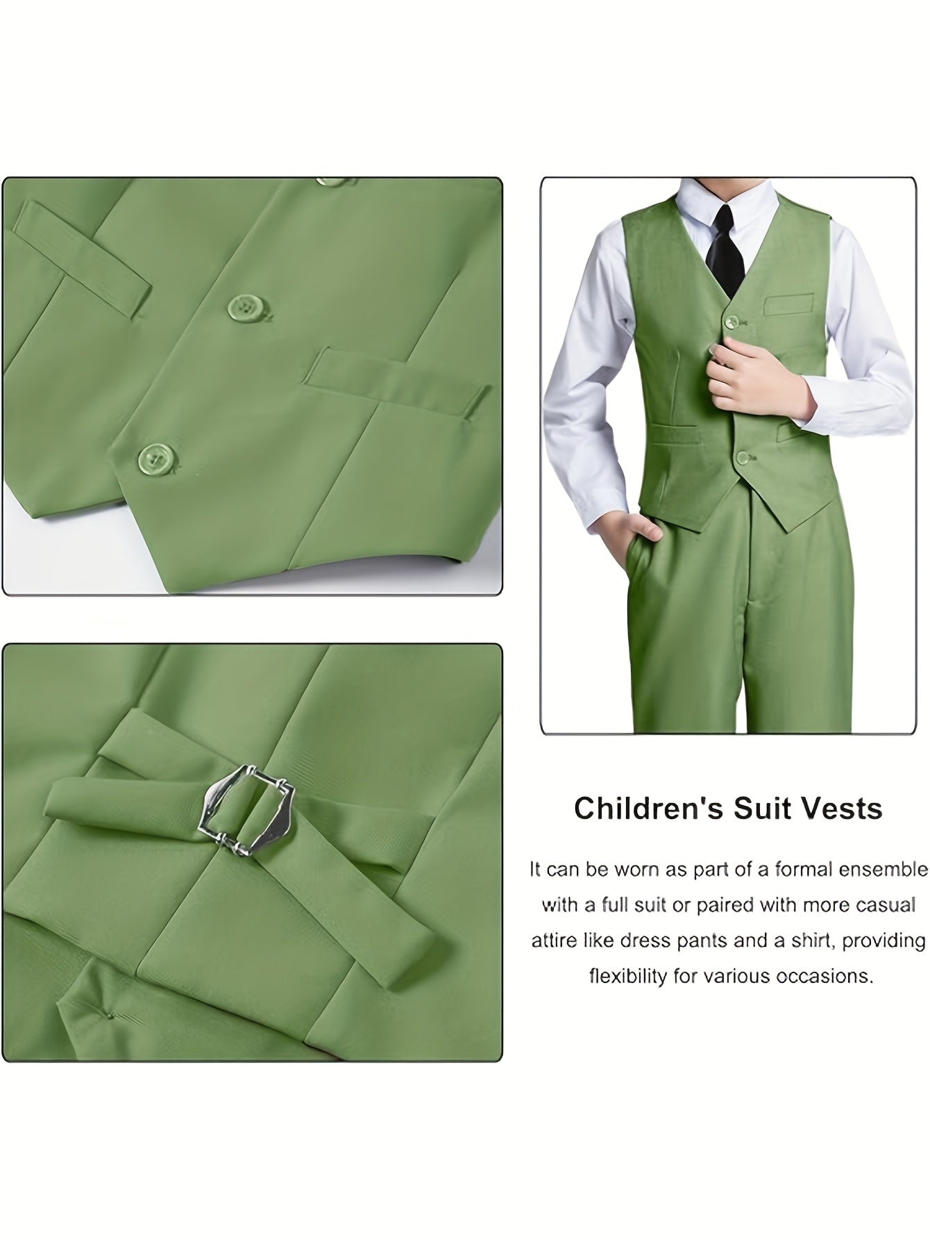 Boys' 3-Piece Suit Set: Slim-Fit Solid Green Jacket, Vest & Pants with Pockets - All-Season Formal Party Wear, Long Sleeve, Regular Sleeve Design, Formal Attire for Boys, Party Attire, Classic Lapel Collar, Durable Fabric