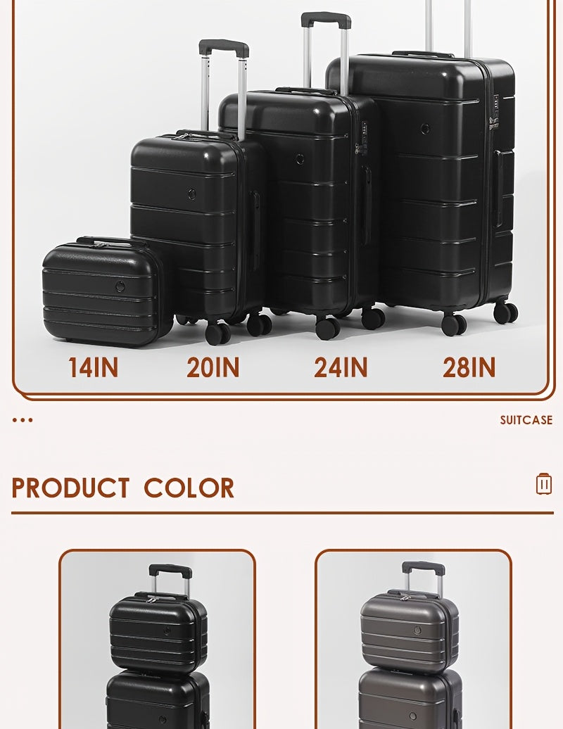 [Lightweight Durable Luggage Set] 4pcs Lightweight Durable Hardshell Luggage Set - ABS+PC Suitcases with Spinner Wheels, Telescoping Handle, Zip Closure, Combination Lock - 14"+20"+24"+28" Travel Companion