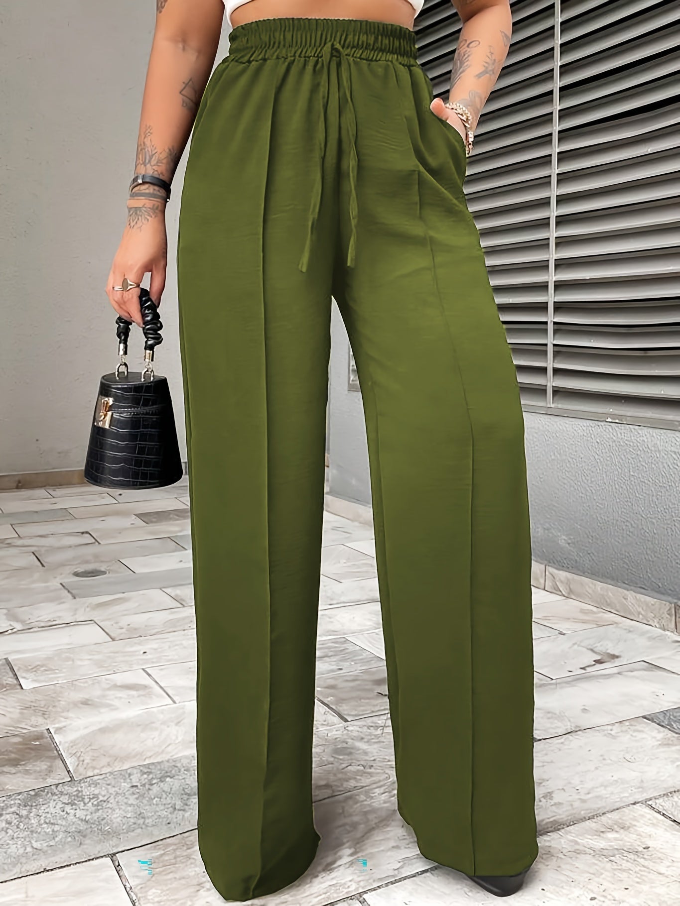 Elegant Middle-Eastern Polyester Straight Leg Pants 95% Polyester 5% Elastane Solid Color with Faux Drawstring Detail Spring/Fall Collection for Women - Woven Fabric, Comfort Fit Lounge Trousers with Pockets