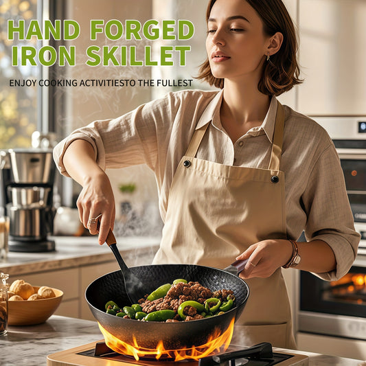13.4 Inch Hand-Forged Cast Iron Wok with Lid & Spatula - Non-Stick, Durable Carbon Steel for Electric, Induction & Gas Stoves - Perfect for Stir-Fry, Steak & More - Includes User Guide Video, Kitchen Essential | Traditional K