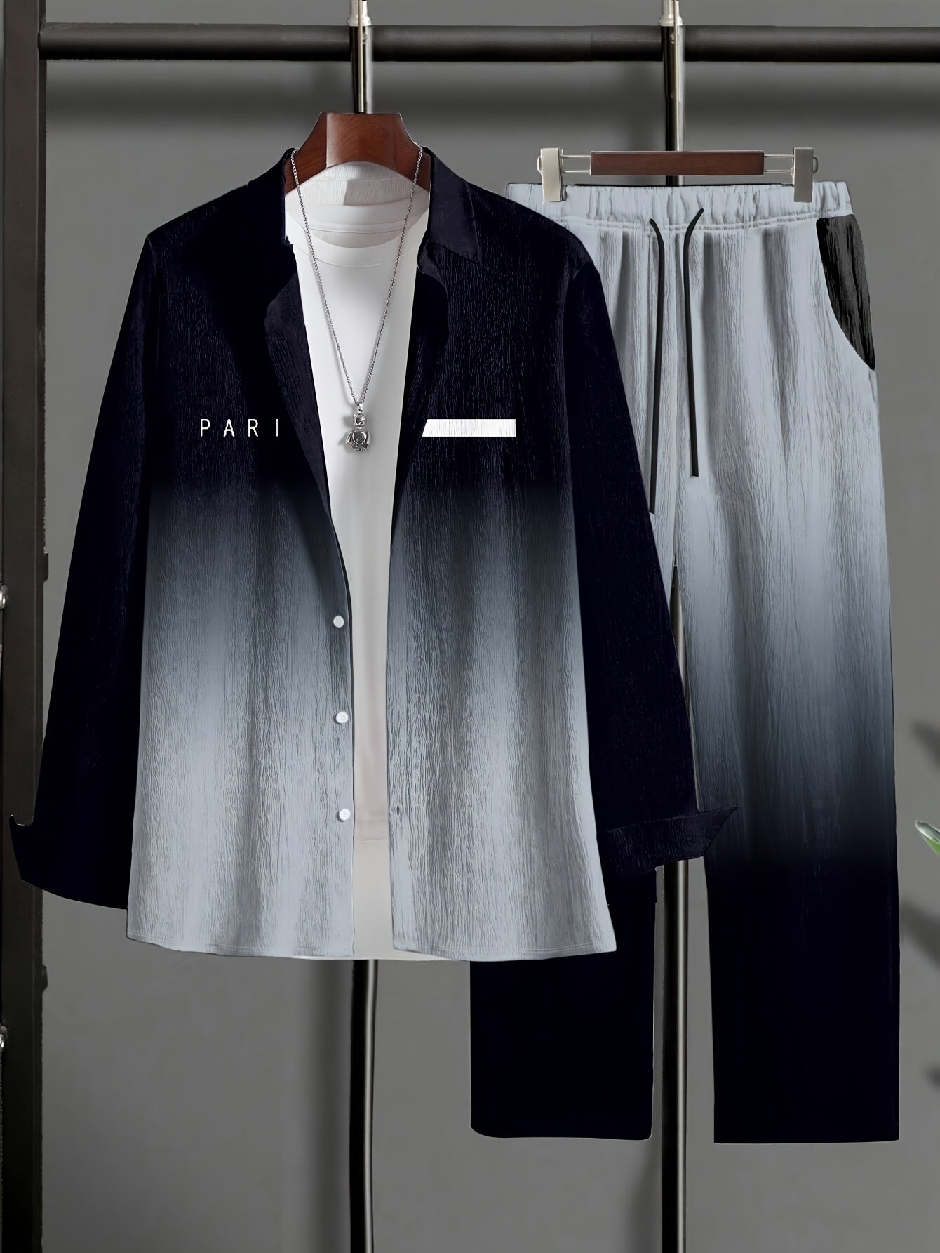 [Plus Size Suit Set] Men's Plus Size Suit - Stretch Long Sleeve Button-Up Shirt & Pants Set | Retro Geometric Check Pattern, V-Neck Lapel Design, Loose Fit for Casual & Formal Wear, Plus Size Blazers