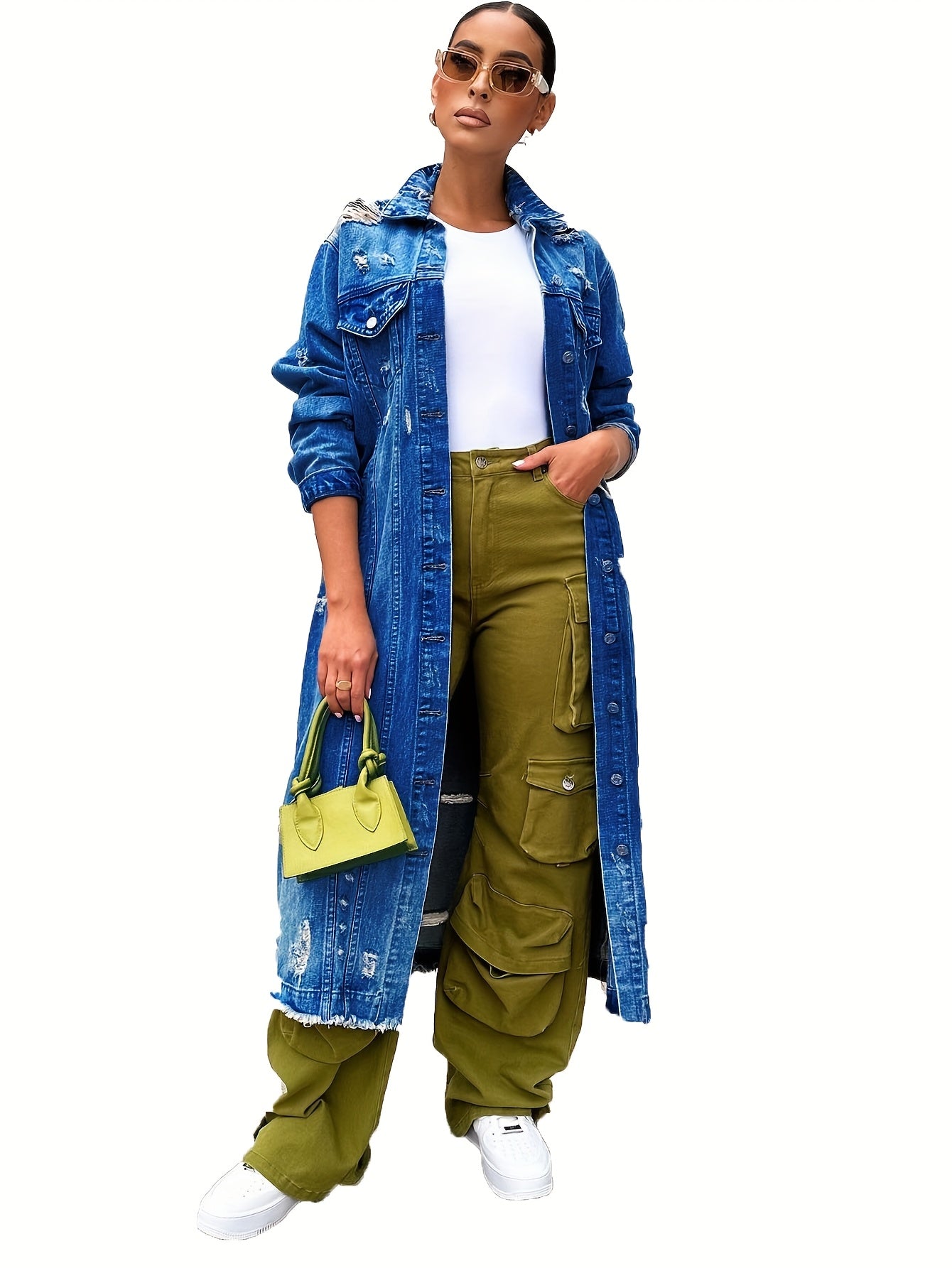 Broken Hole Long Denim Jacket, Women'S Denim Trench Coat Jacket, Real Pocket