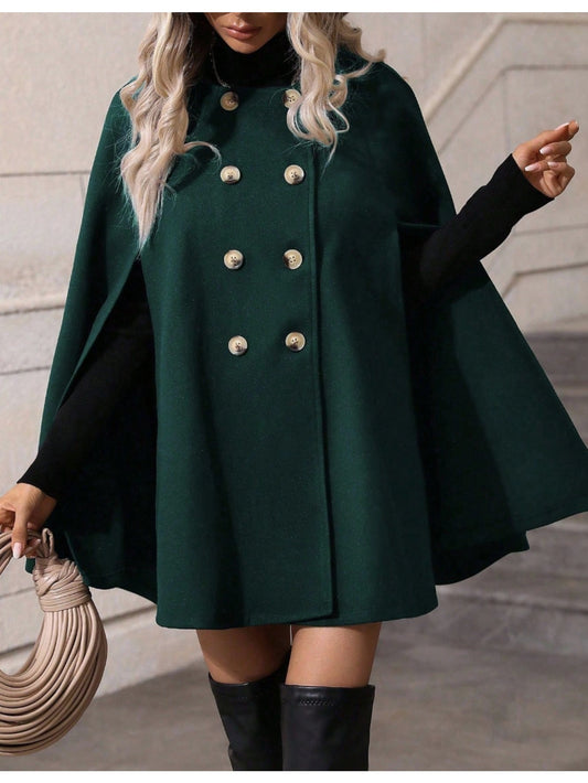 's Dark Green Double Breasted Cape Coat - Vintage Elegant Collar Winter Coat with Golden-Tone Buttons, Single-Breasted Outer Layer & Inner Wear Potential, Hand Washable Non-Stretch Jacket for Autumn/Winter (Office, Parties, C