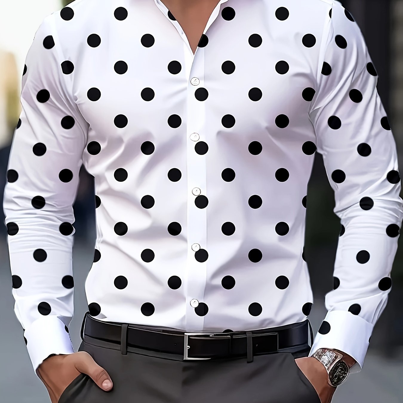 [Men's Casual Shirt] Men's Casual Shirt - Red & Black Polka Dot Print, Machine Washable Non-Elastic Fabric, Classic Button Front, Regular Fit Long Sleeve for Spring/Autumn Outdoor & Casual Wear, Seasonal Fashion, Straight Sle
