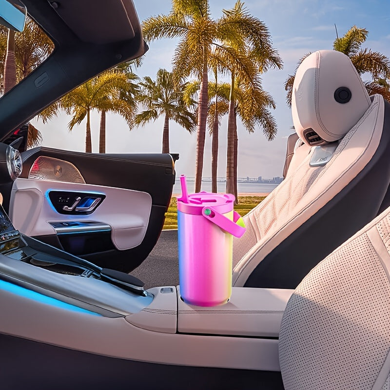 1pc 40oz Insulated Stainless Steel Tumbler With Handle - Leak-Proof, Keeps Cold For 24 Hours, Fits Car Cup Holder - Reusable, Round, Multipurpose Travel Mug With Lid And Straw