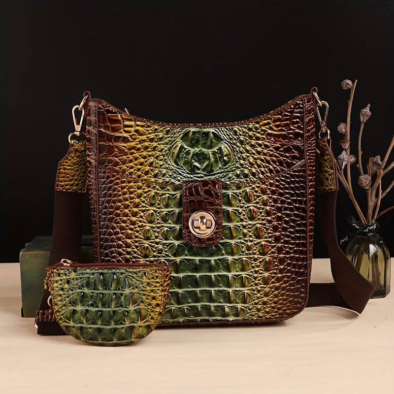 Elegant women's cross-body bag, fashionable color crocodile pattern cross-body bag, wide shoulder strap removable two-piece women's bag, safety zipper bag with coin purse