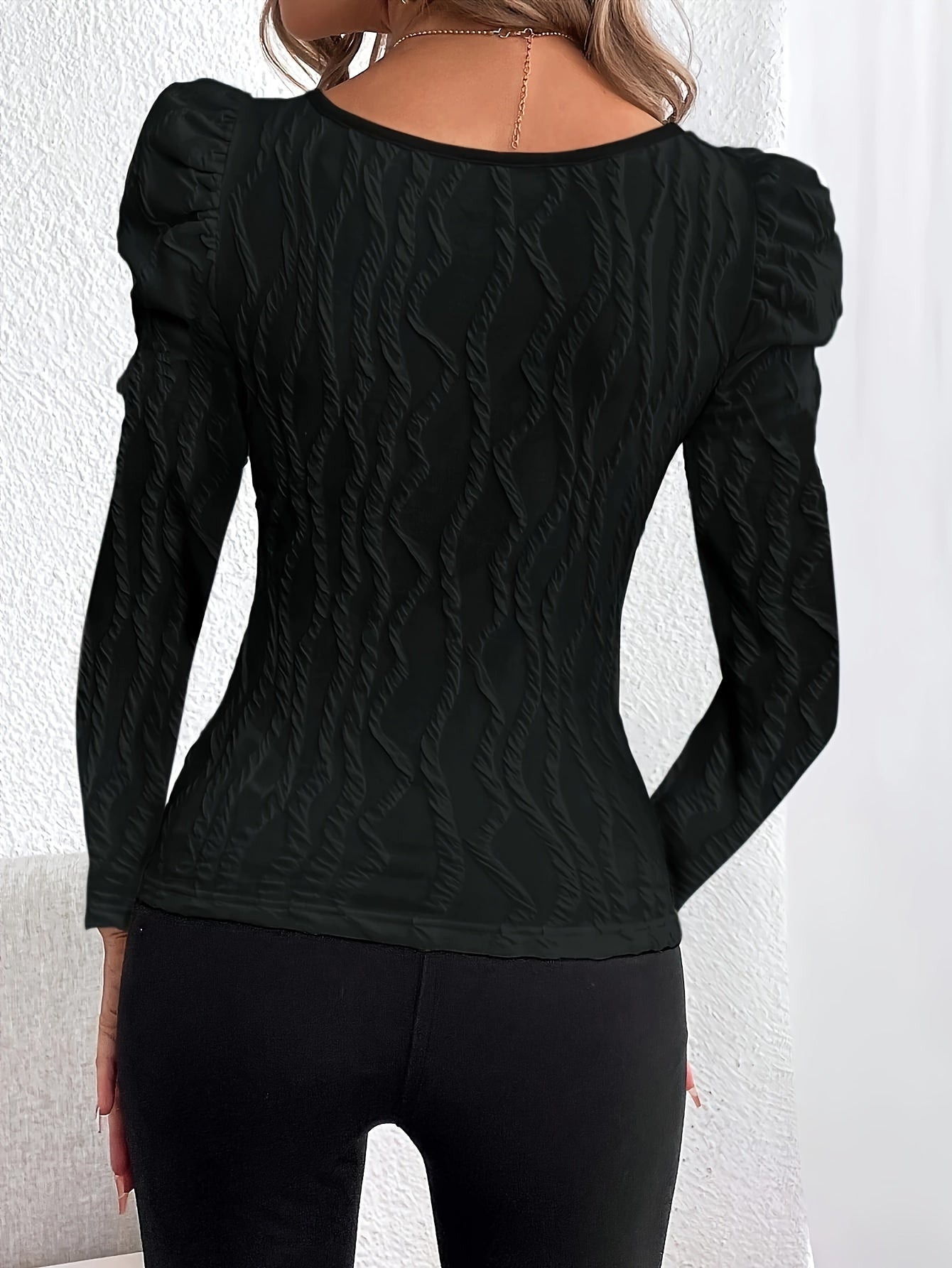 [Targeted Style]New Autumn and Winter Knitted Square Collar Textured Fabric Bubble Sleeve Ladies Elegant Long Sleeve Top