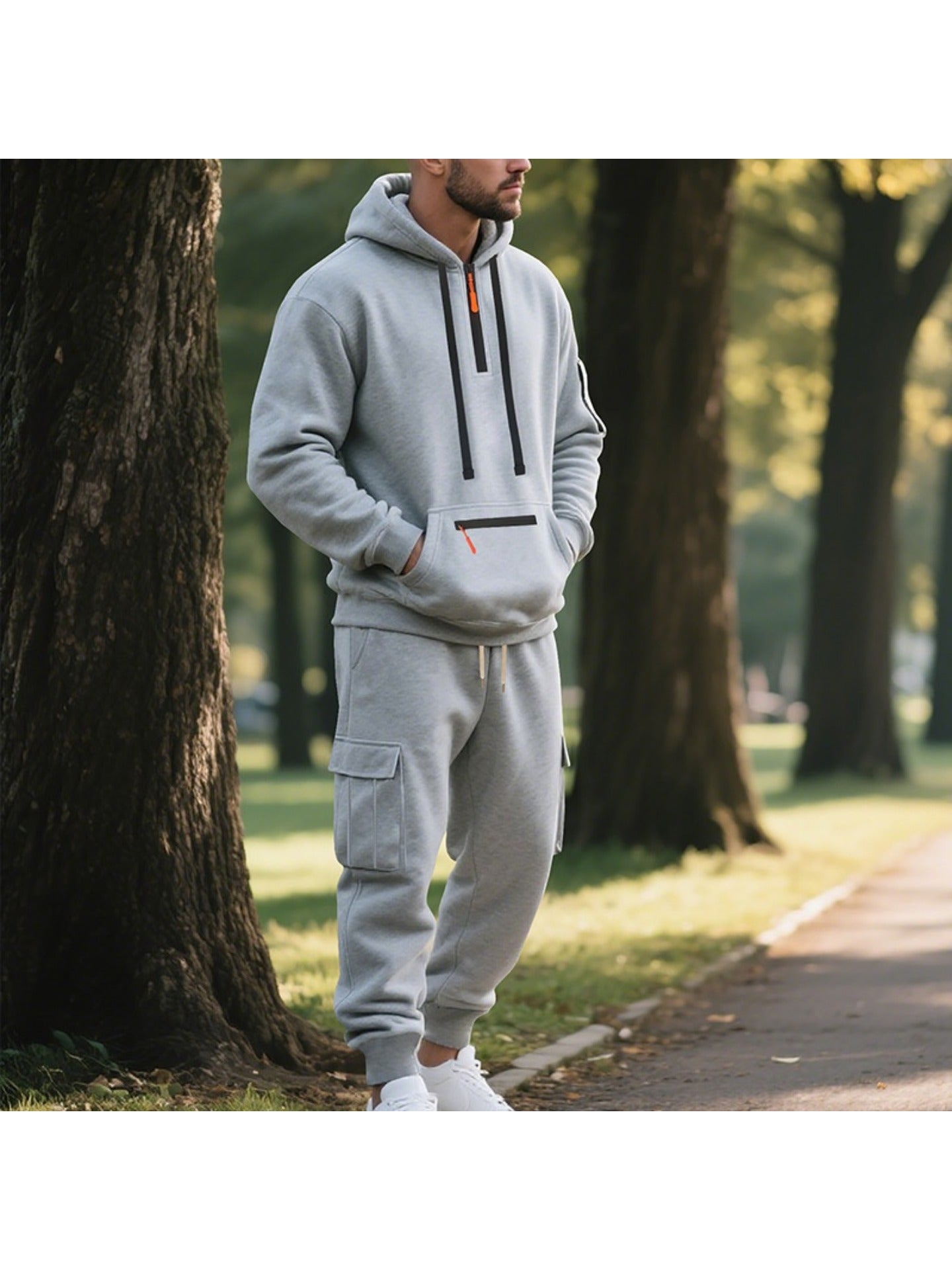 1 Set 2pcs Men's Athletic Casual Tracksuit - Fleece Lined Hooded Long Sleeve Pullover Sweatshirt & Pocketed Sports Pants, Warm Fleece Lining with Breathable Fabric, Perfect for Daily Wear, Outdoor Activities, Home Leisure - M
