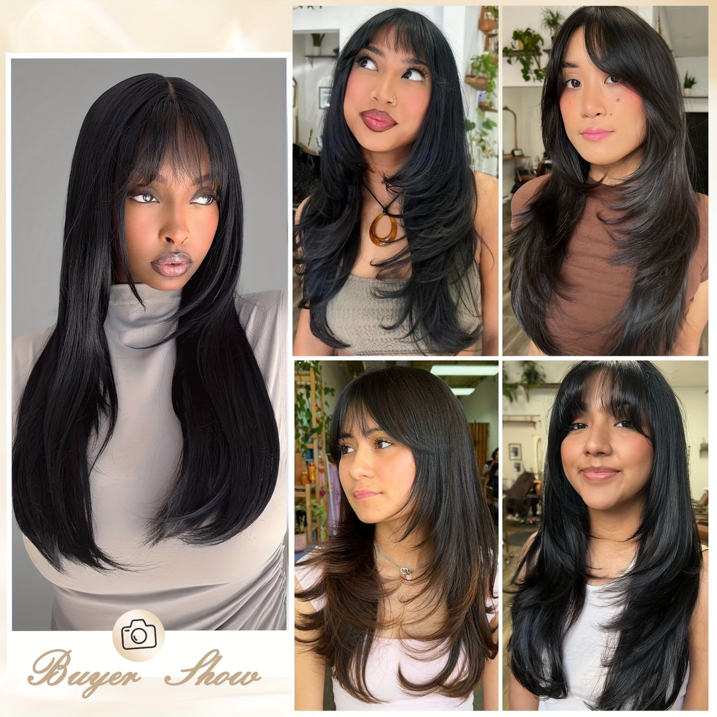 Long Straight Layered Wig with Bangs Glueless Natural Black Synthetic Bangs Wig 26 Inch Put On and Go Wigs High Temperature Fiber Pixie Cut Layered Wig for Women Daily Use