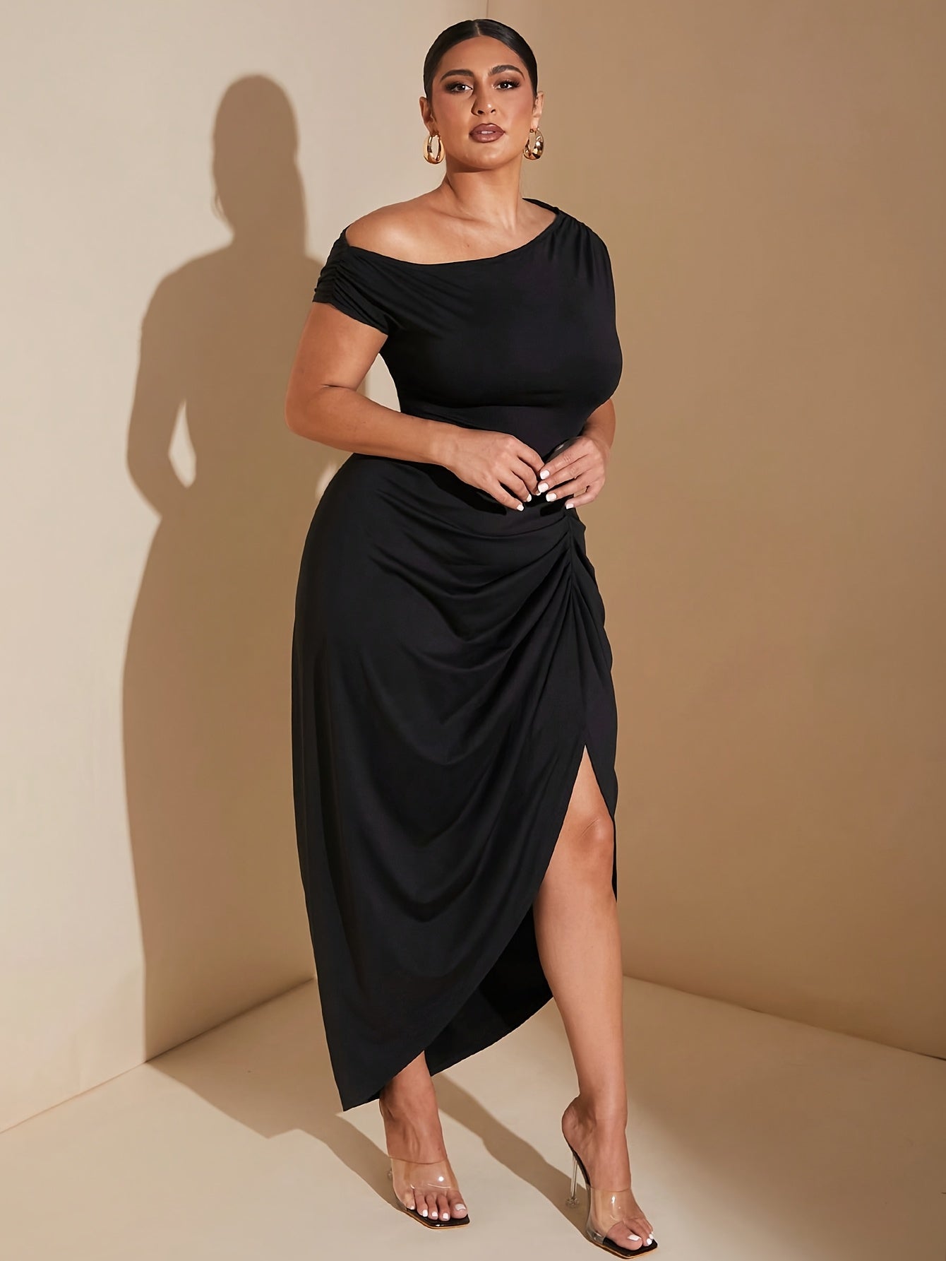 Plus Size, Women's Elegant One-Shoulder party & Formal Dress - Asymmetrical Hem, Stretchy Formal event gown, Machine Washable Evening Dress for Women (All-Season)