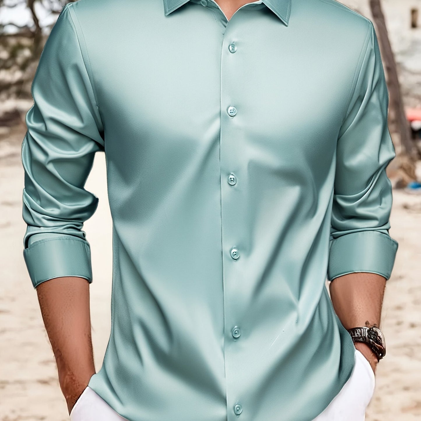 Men's Wrinkle-Resistant Lightweight Long Sleeve Dress Shirt - Solid Color Button-Up with Chest Pockets, Non-Stretch Fabric, Classic Collar Design for Casual & Formal Wear, Spring/Fall Essential, Durable & Easy Care, Autumn Ap