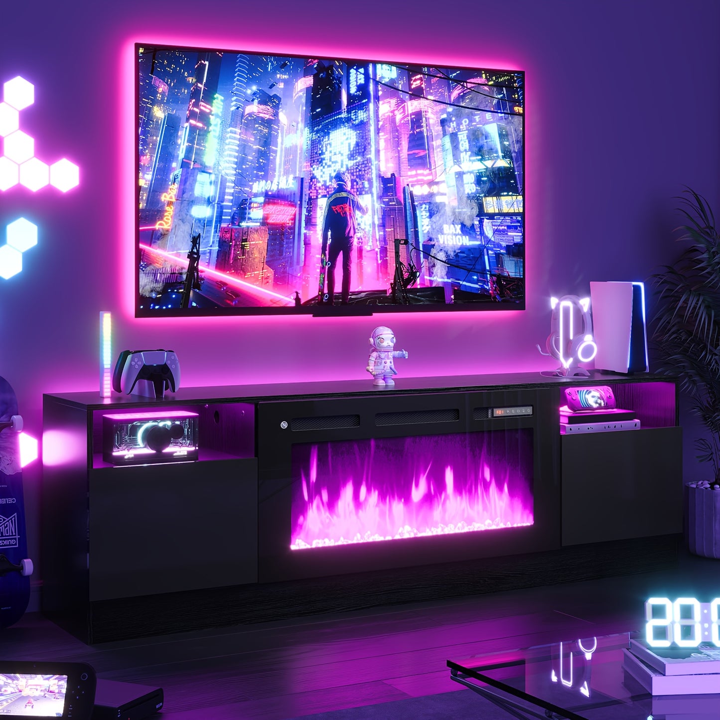 Modern Electric Fireplace TV Stand Entertainment Center with 36.3" Wall-Mounted Fireplace, 12-Color LED Lights, High-Gloss Storage Cabinet & Hardwood Construction - Fits TVs Up to 80", Energy-Efficient, Adjustable Timer