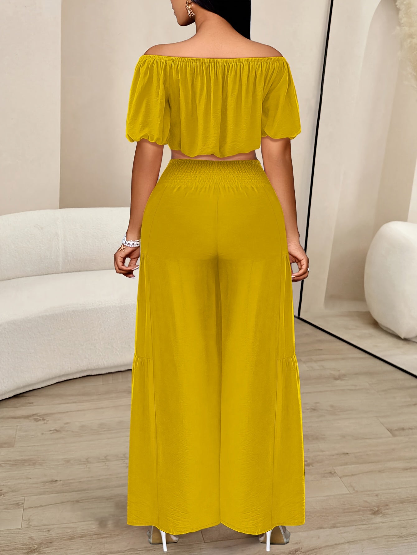 Summer One-Shoulder Puff-Sleeved Ruffled Strapless Crop Top & Wide Leg Pants Set - Beach Vacation Style For Summer