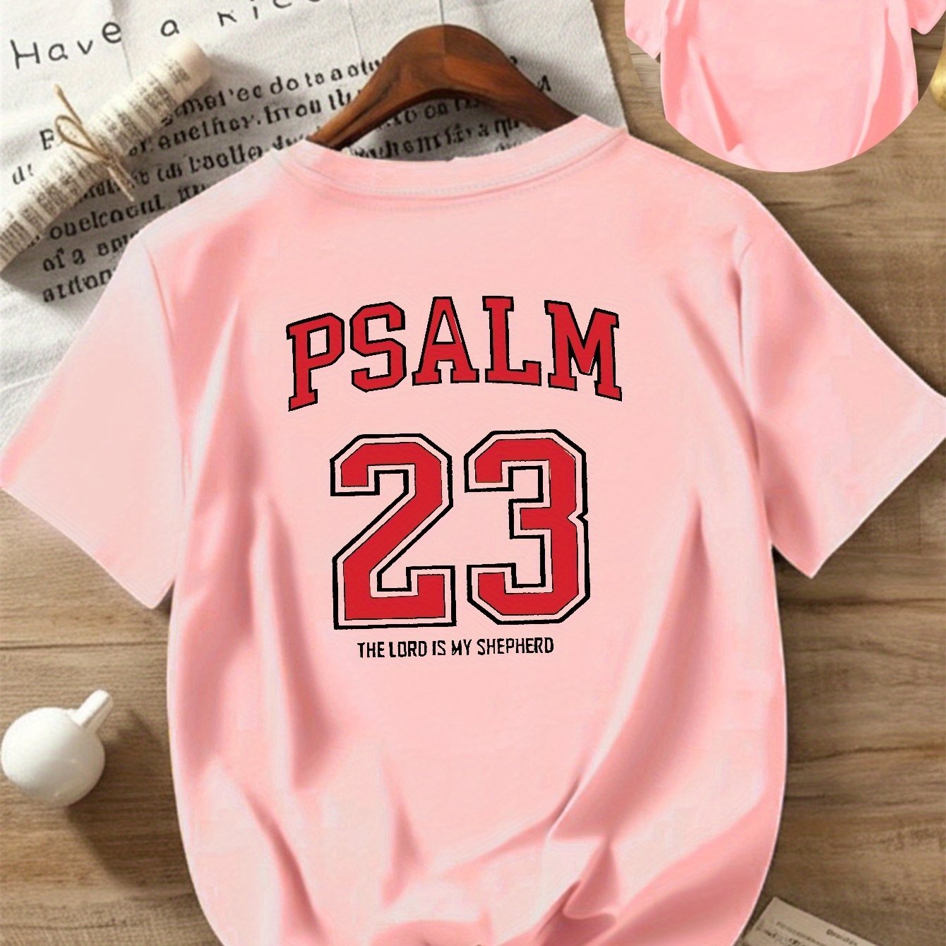 Black with Red Lettering Psalm 23:5 Print Women's Casual T-Shirt - Comfortable Crew Neck, Short Sleeve, Classic Summer Top for Casual Attire, Faith Inspired Apparel | Durable Casual wear, Ladies T Shirts