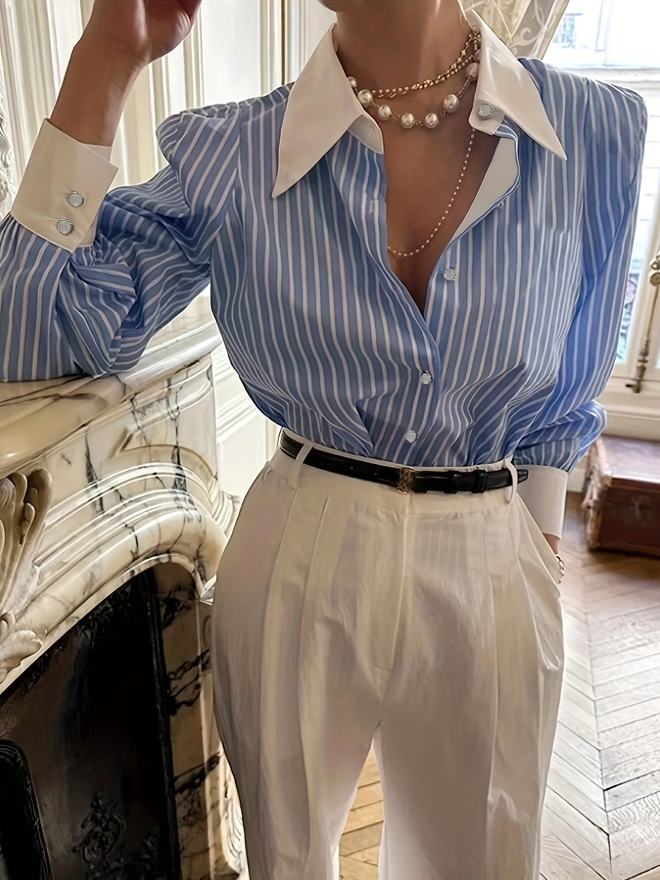 Gavin Women's Casual Long Sleeve Shirt - Blue & White Striped Button-Up Blouse with Pointed Collar, Relaxed Fit, Machine Washable, All-Season Versatile Top, Seasonal Fashion | Classic Collared Blouse | Goldtone Accents